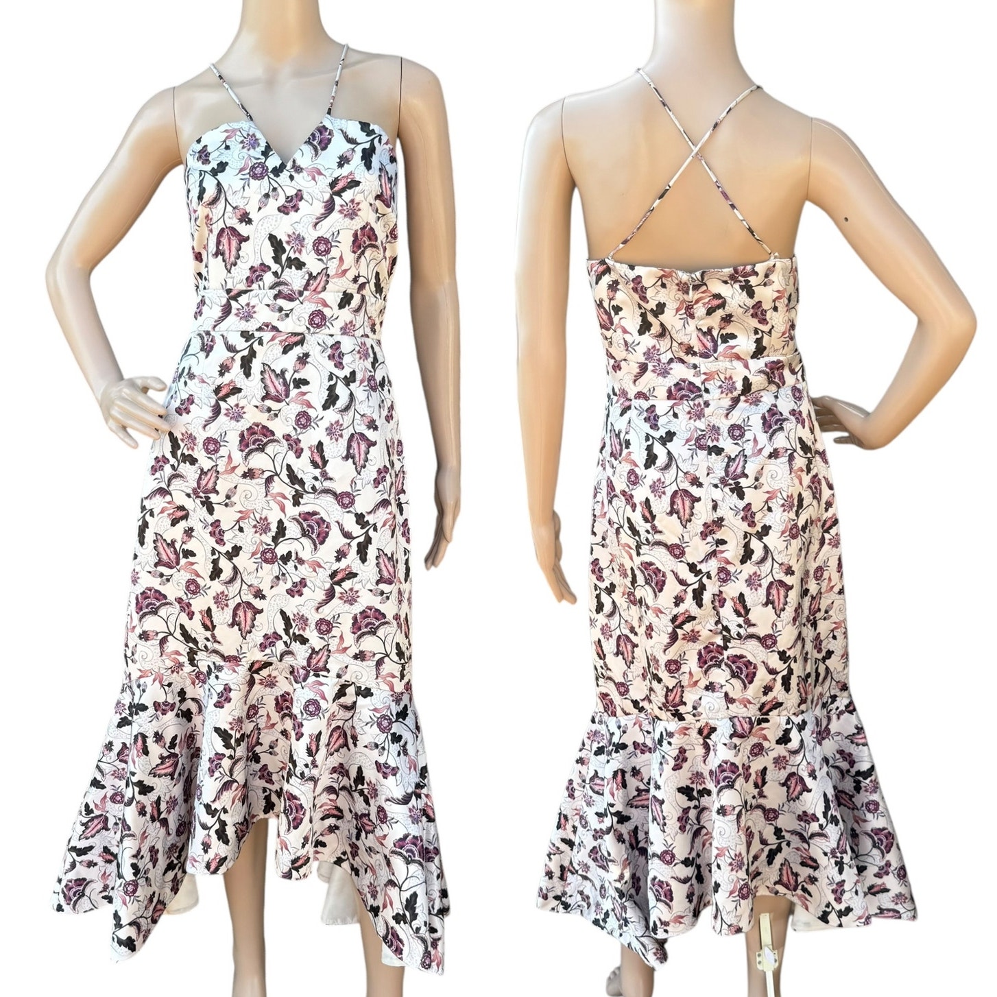 Amur Samantha 10 Floral Print Midi Dress Ruffle High Low Crisscross Back Strap